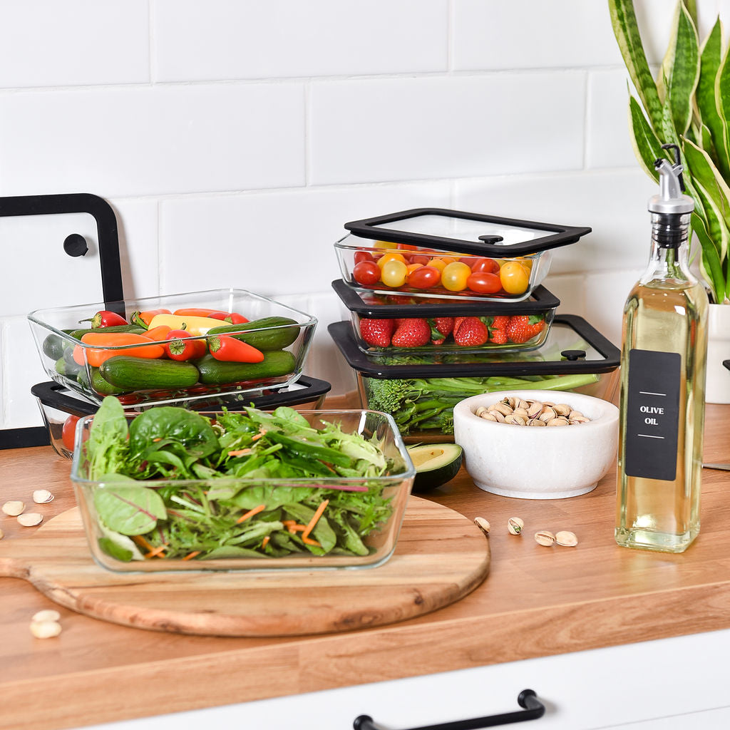 Meal Prep Glass Food Container - 8 Set Rectangle - Black