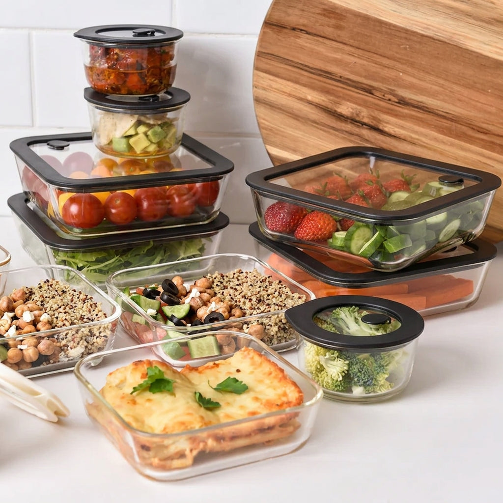 Meal Prep Glass Food Storage Containers - 12 Set Black - Square / Round