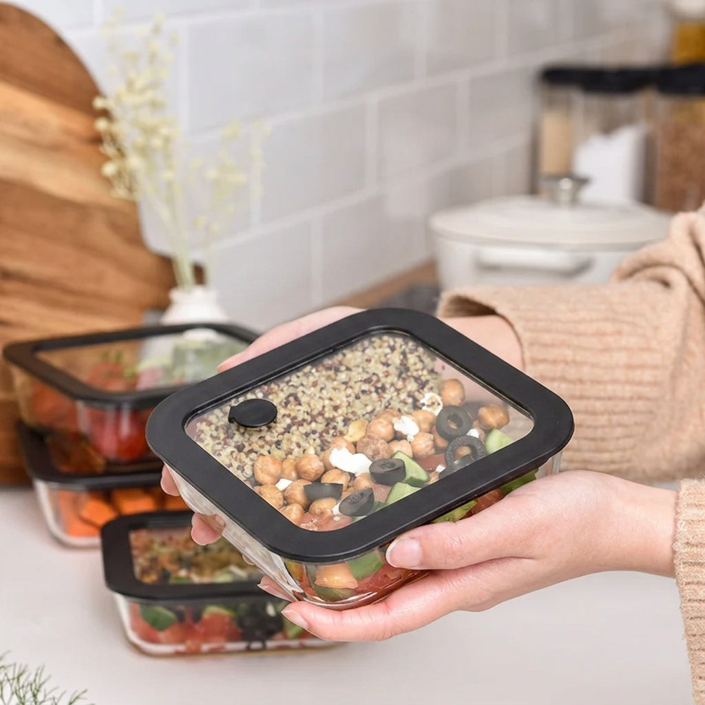 Meal Prep Glass Food Storage Containers - 12 Set Black - Square / Round