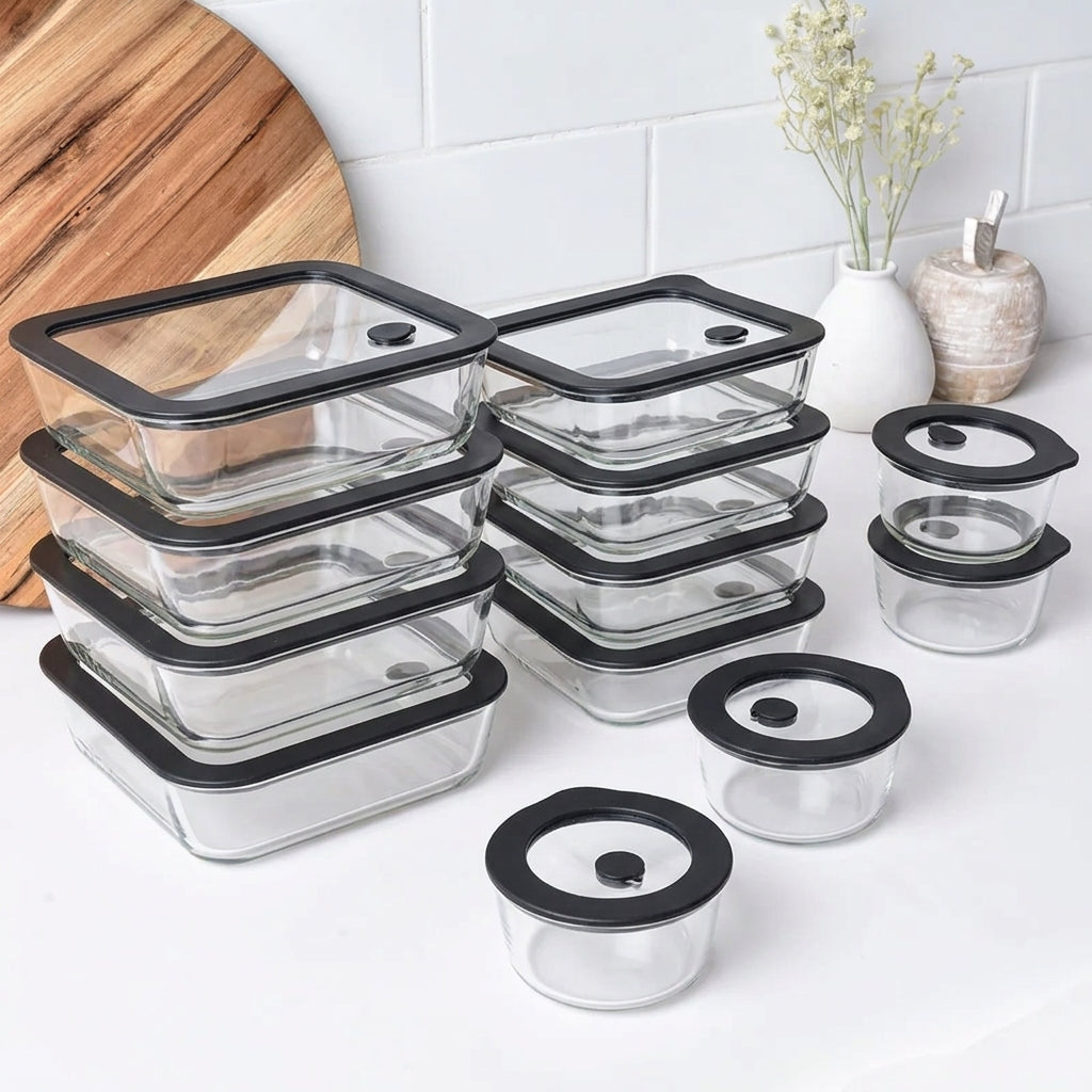 Meal Prep Glass Food Storage Containers - 12 Set Black - Square / Round