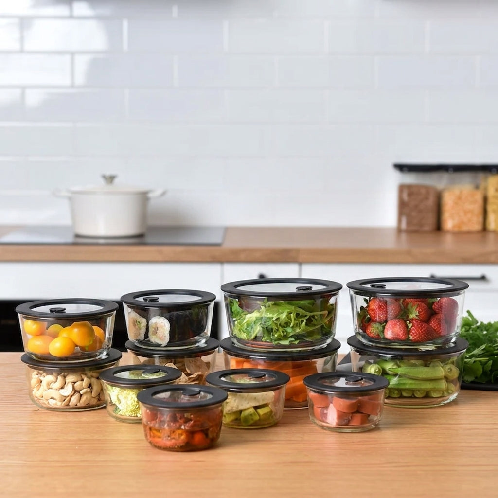 Meal Prep Glass Food Storage Containers - 12 Set Black - Round