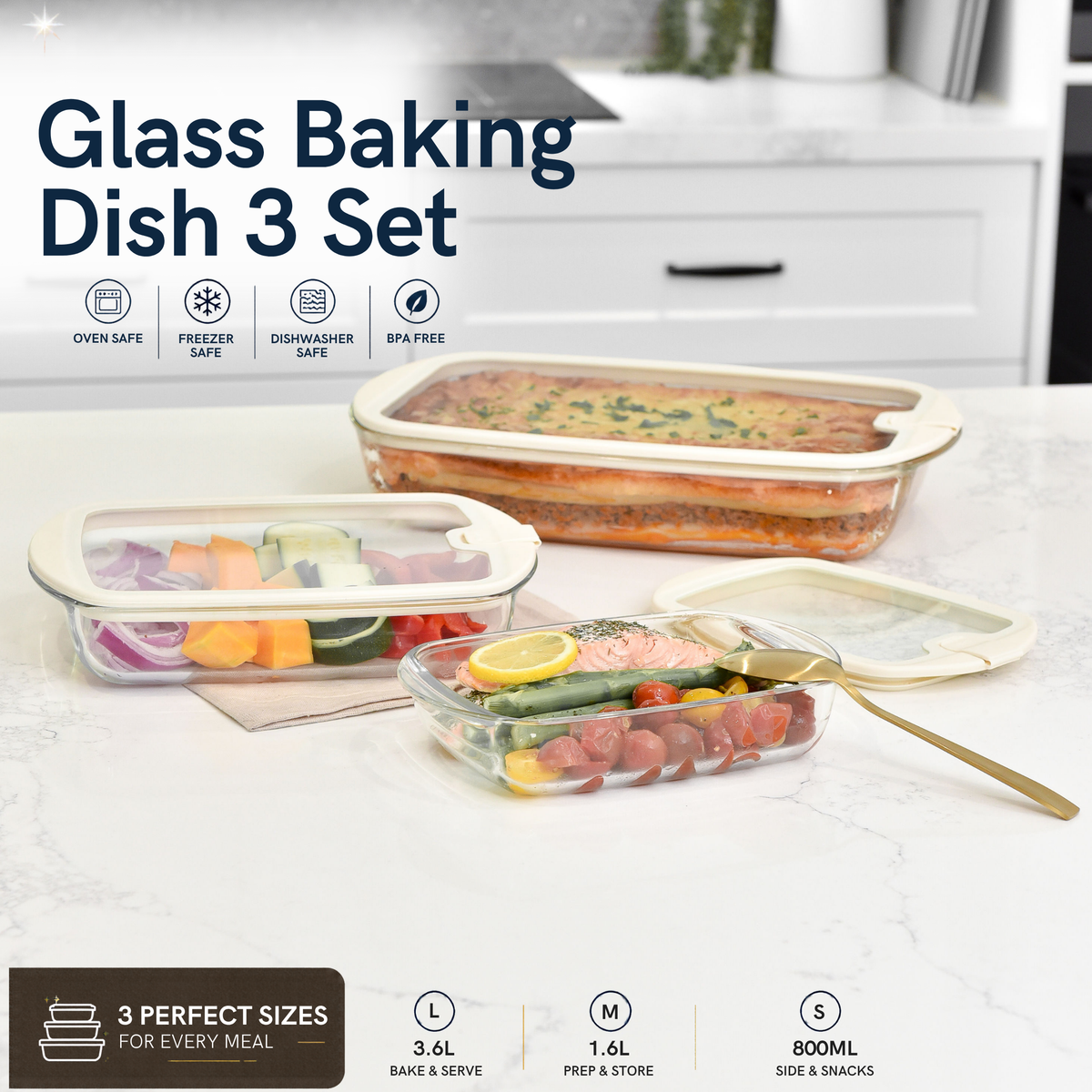 Glass Baking Dish - 3 Set - Cream