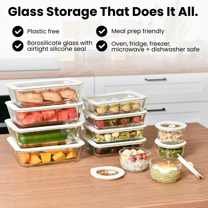 Meal Prep Glass Food Container - 10 Set Rectangle - Cream
