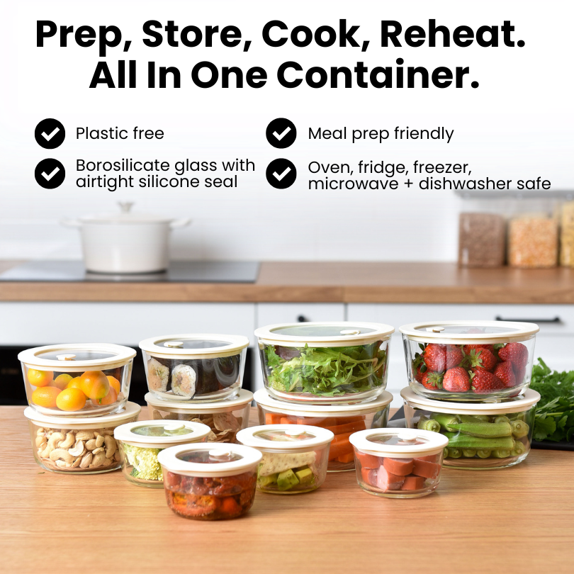 Meal Prep Glass Food Storage Containers - Round 12 Set - Cream