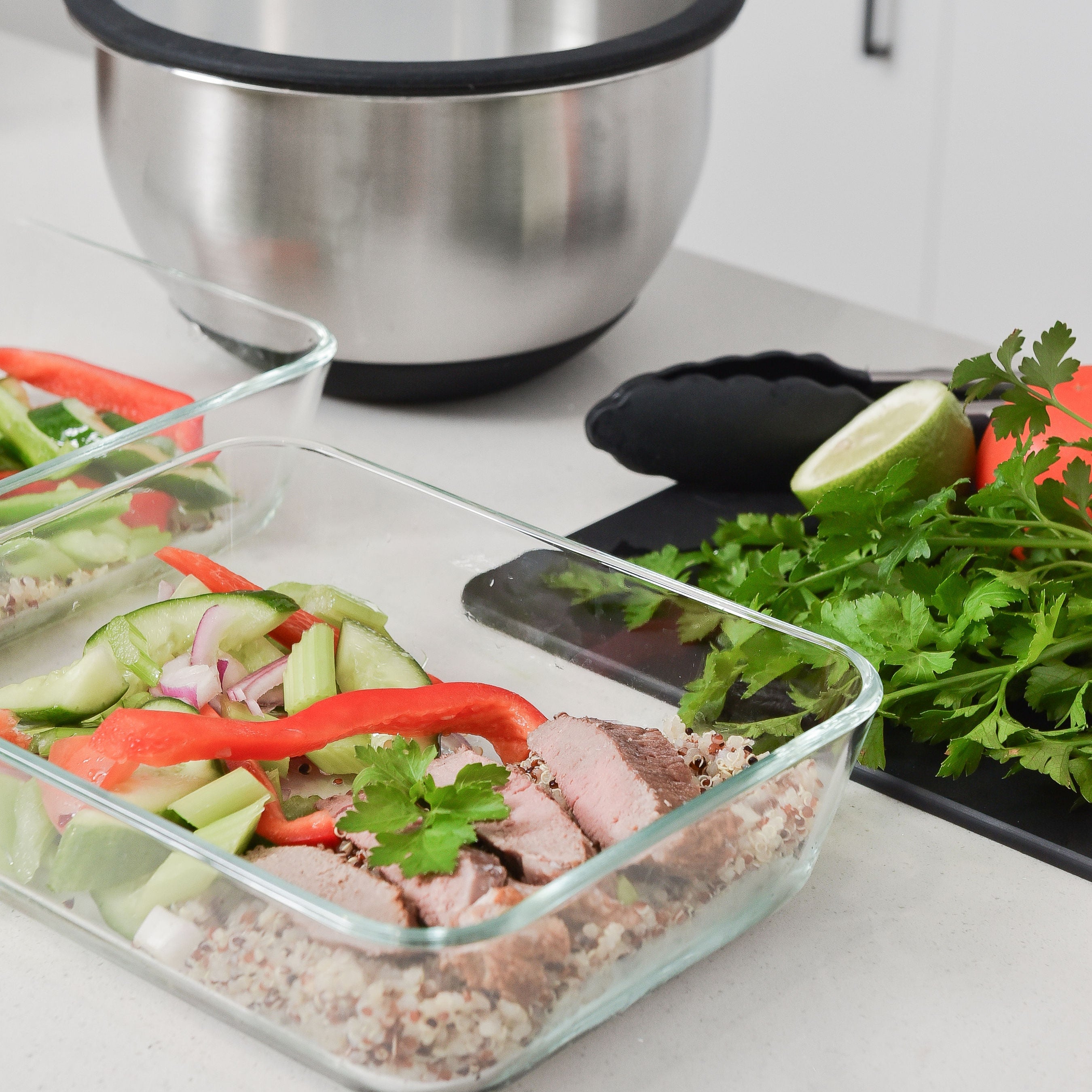 Meal Prep Glass Food Container - 8 Set Rectangle - Black