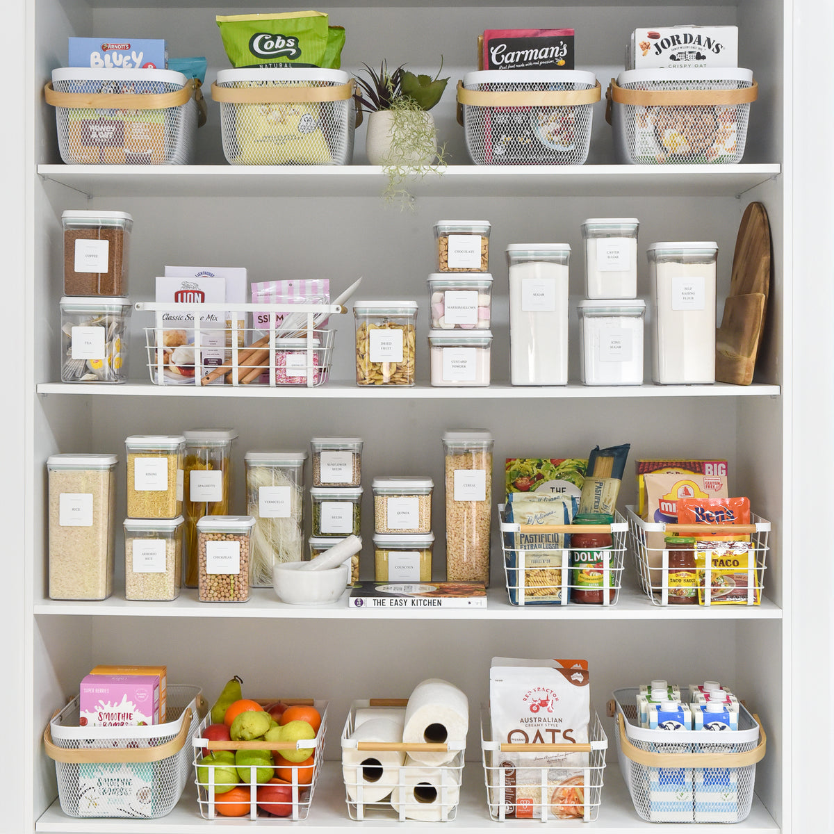 The complete Blissful Pantry Organisation Set with push-top containers, spice jars and matching storage baskets