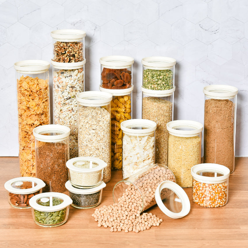 Glass Pantry Storage Jars - Cream - 18 Set Round