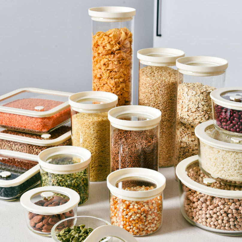 Glass Pantry Storage Jars - Cream - 18 Set Round