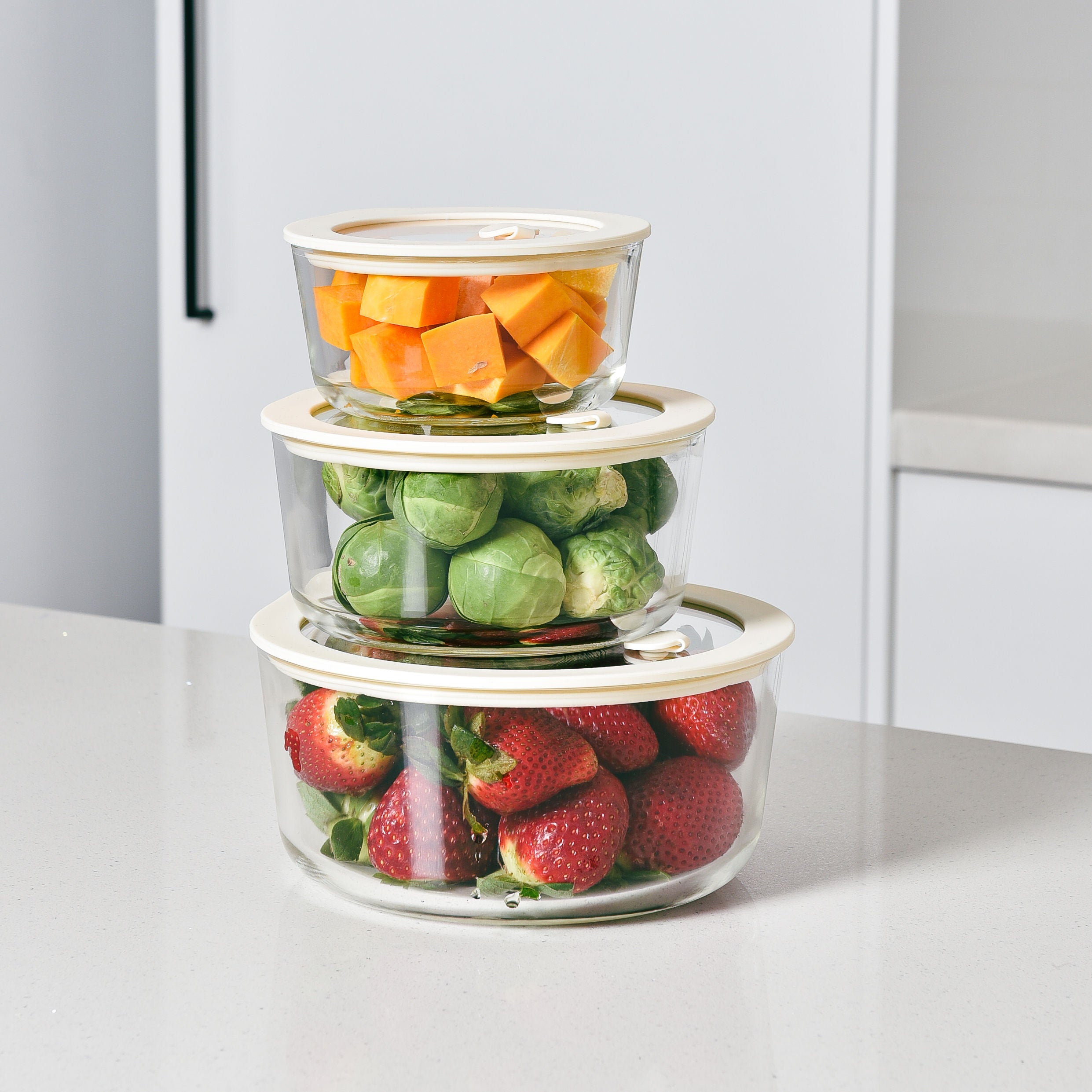 Glass Food Storage Containers Cream - 3 Set Round