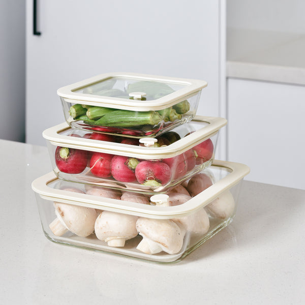 Glass Food Storage Containers Cream - 3 Set Square