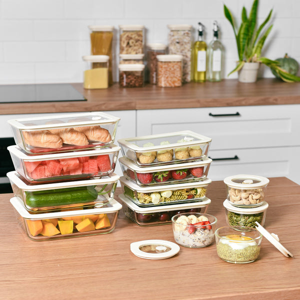 Glass Food Storage Containers Cream - 12 Set Rectangle / Round - Meal Prep