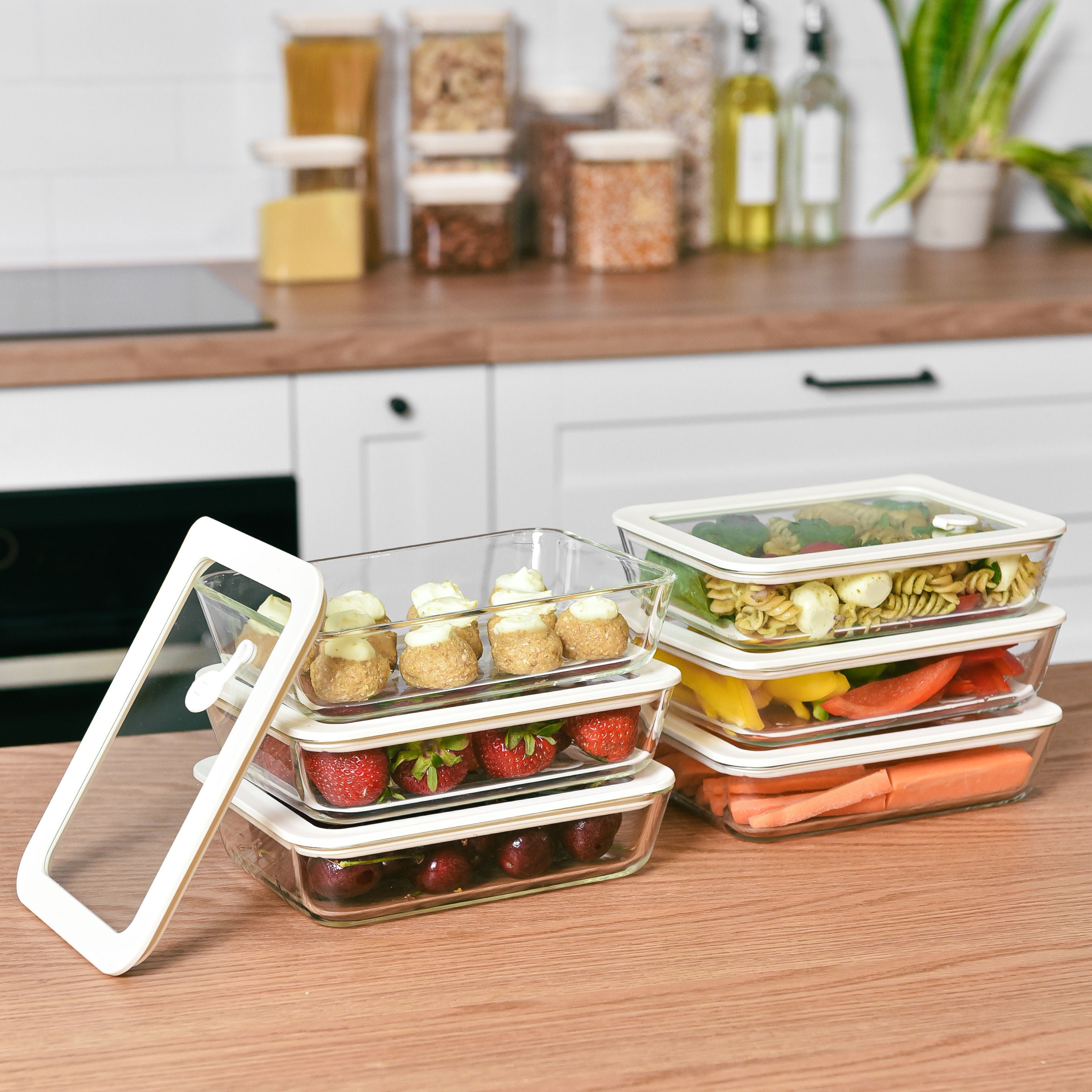 Glass Food Storage Container 700ml Rectangle - 6 Set - Cream