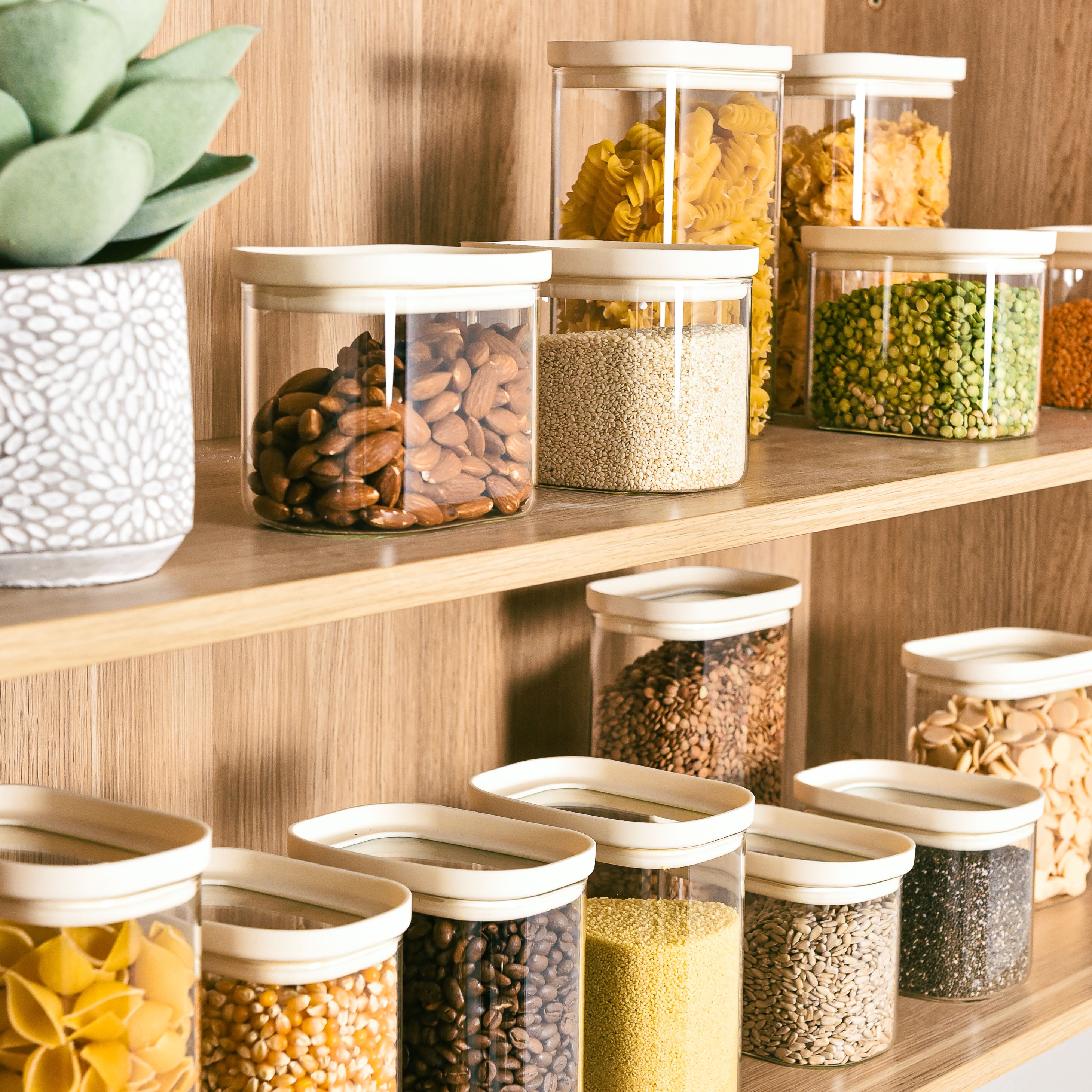 Rectangle Glass Pantry Storage Jars 1L - Cream - 2 Set