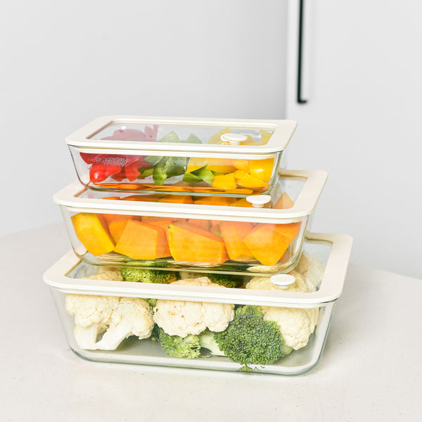 Glass Food Storage Containers - 3 Set Rectangle - Cream