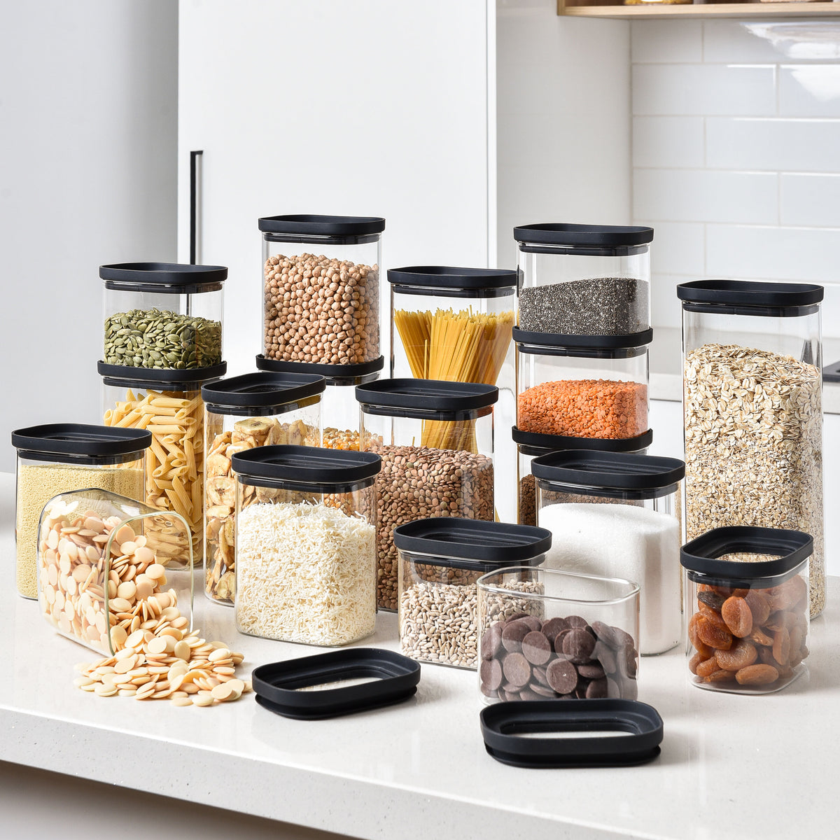 Large Jar Rectangular Rectangle Glass Pantry Storage Jars - Black - 18 Set