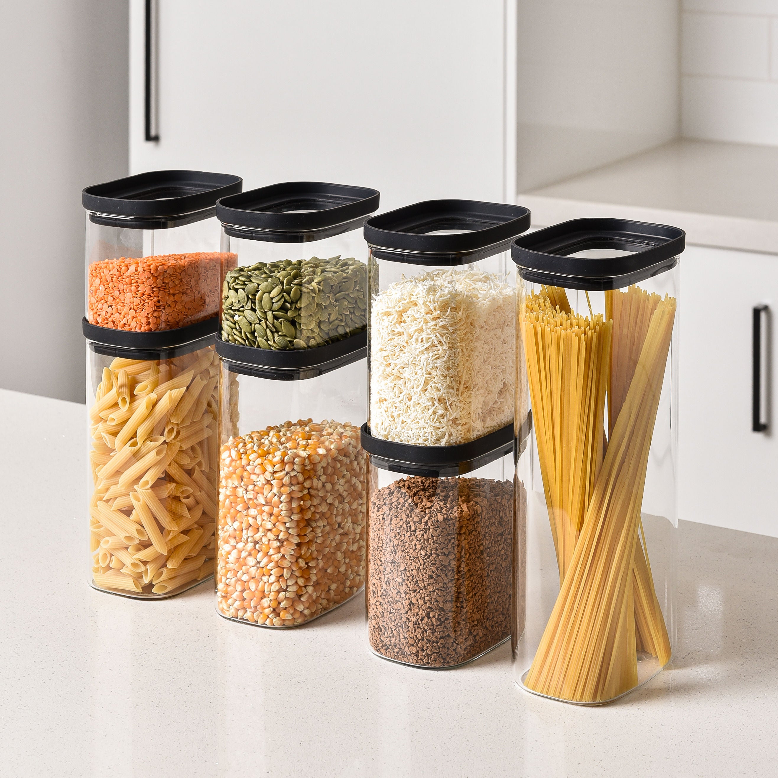 Rectangle Glass Pantry Storage Jars - Black - 7 Set