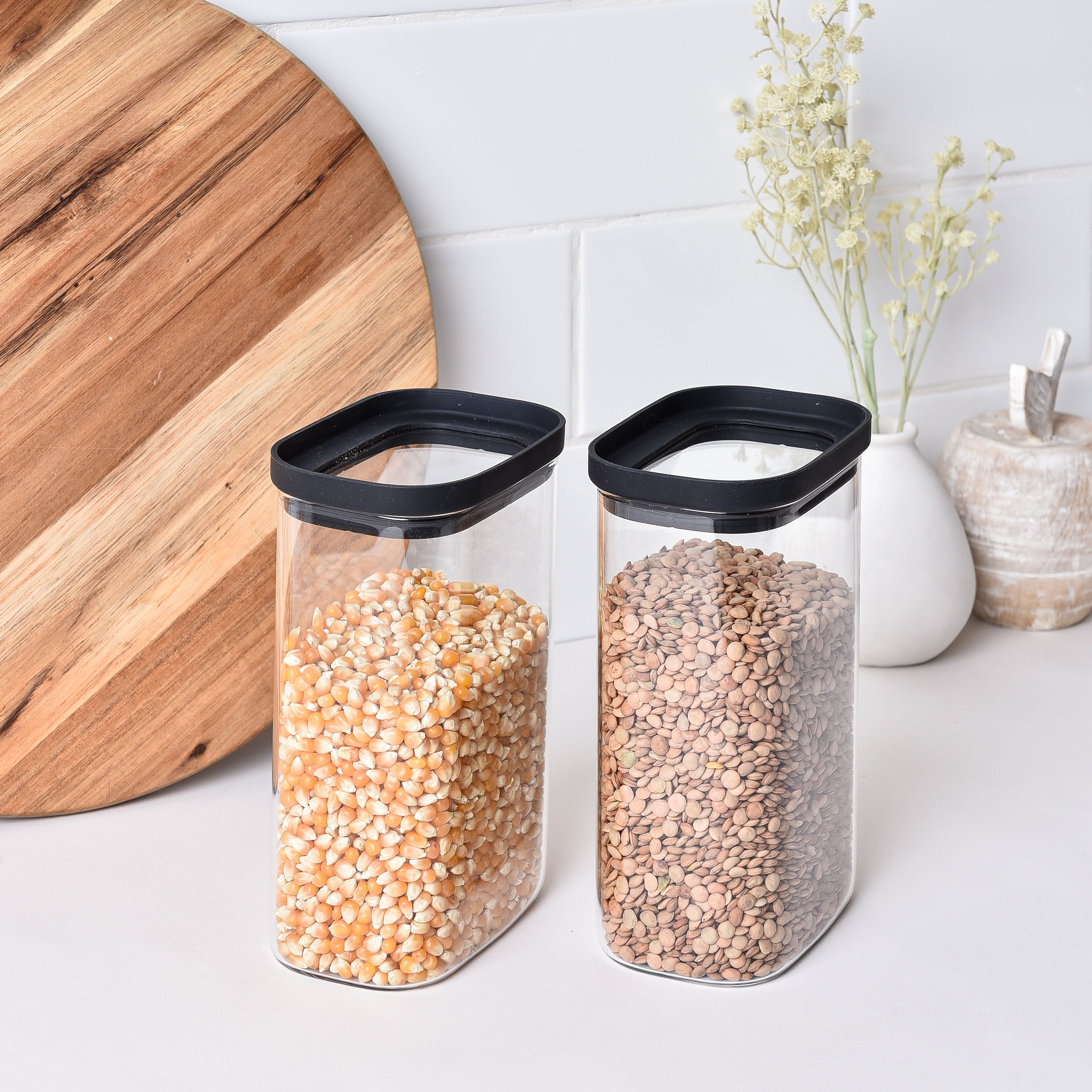 Rectangle Glass Pantry Storage Jars - Black - 7 Set