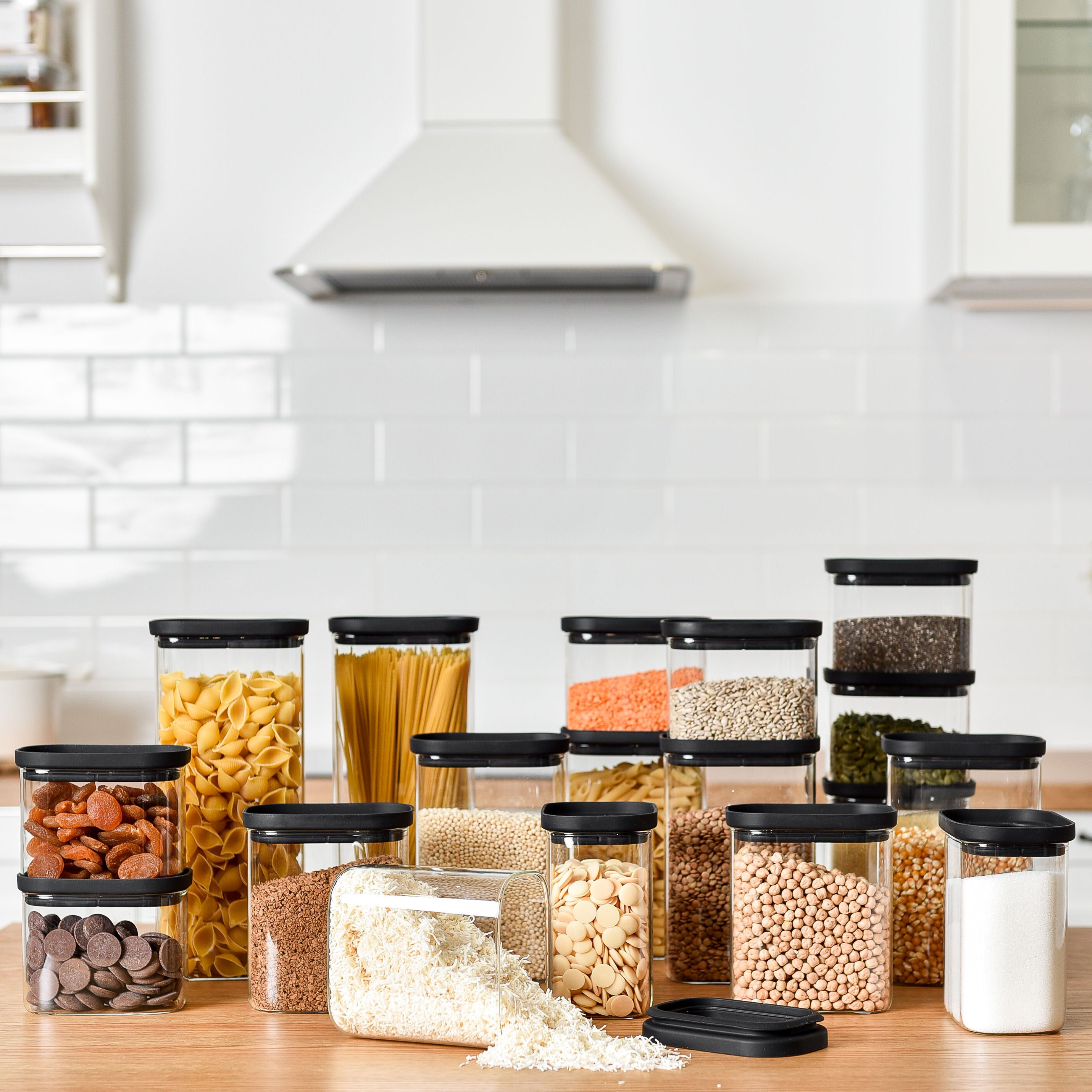 Rectangle Glass Pantry Storage Jars - Black - 18 Set