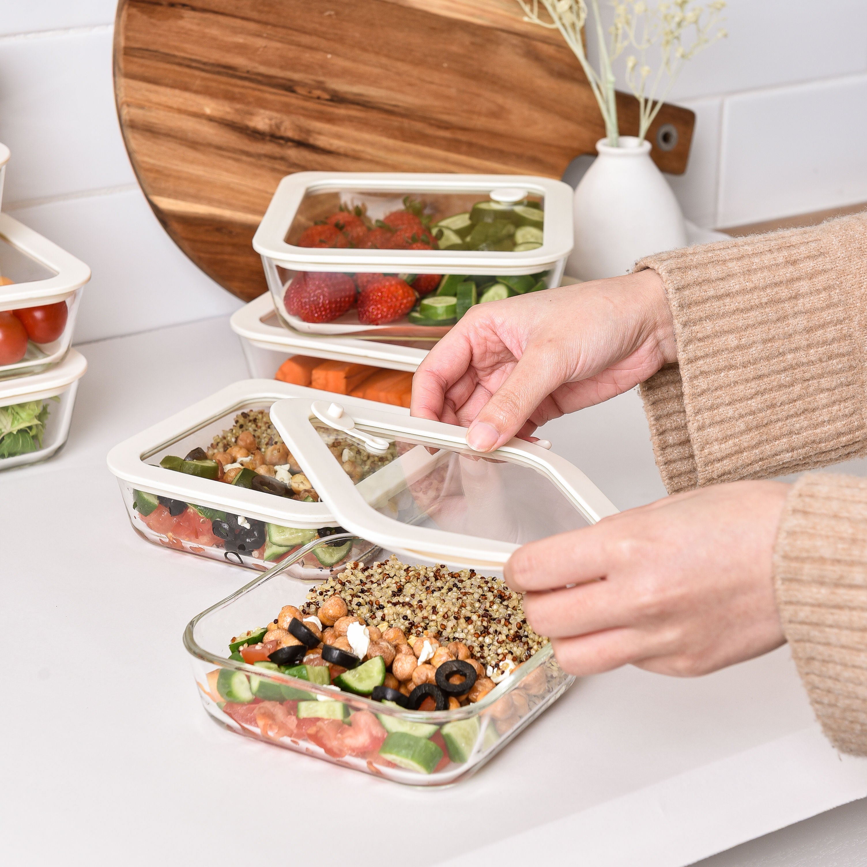 Glass Food Storage Containers - Cream - 610ml 6 Set Square