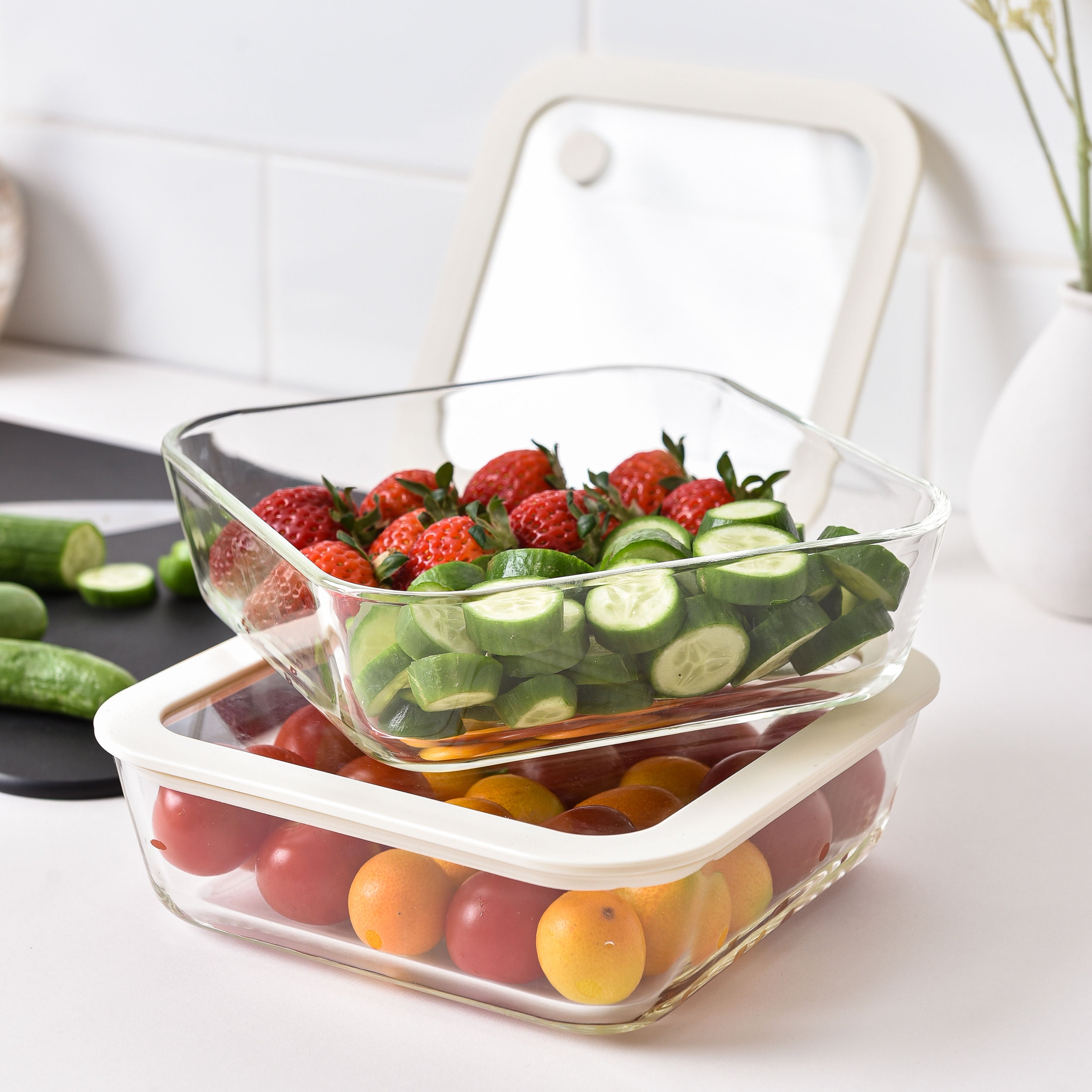 Meal Prep Glass Food Storage Containers - 12 Set Cream - Square / Round