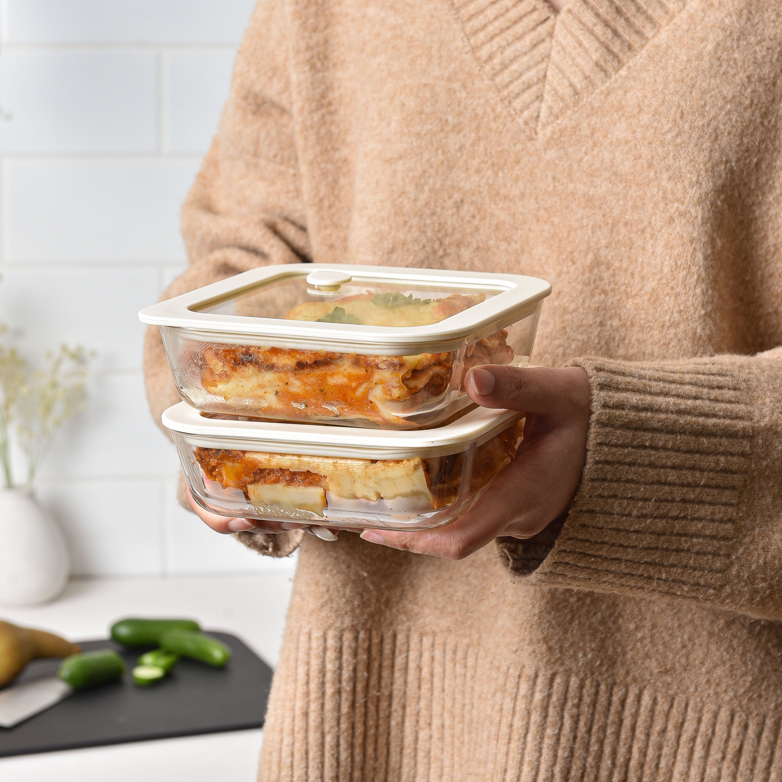 Glass Food Storage Containers - Cream - 610ml 6 Set Square