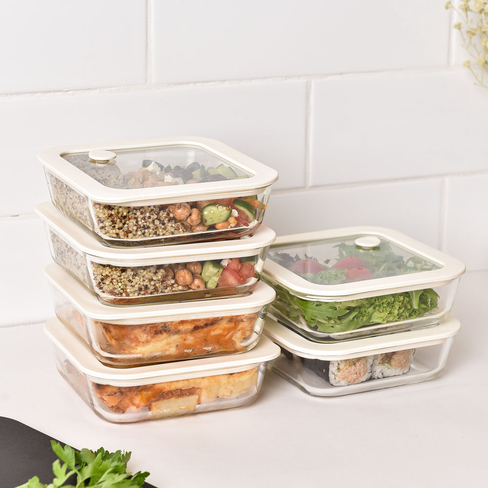 Glass Food Storage Containers - Cream - 610ml 6 Set Square