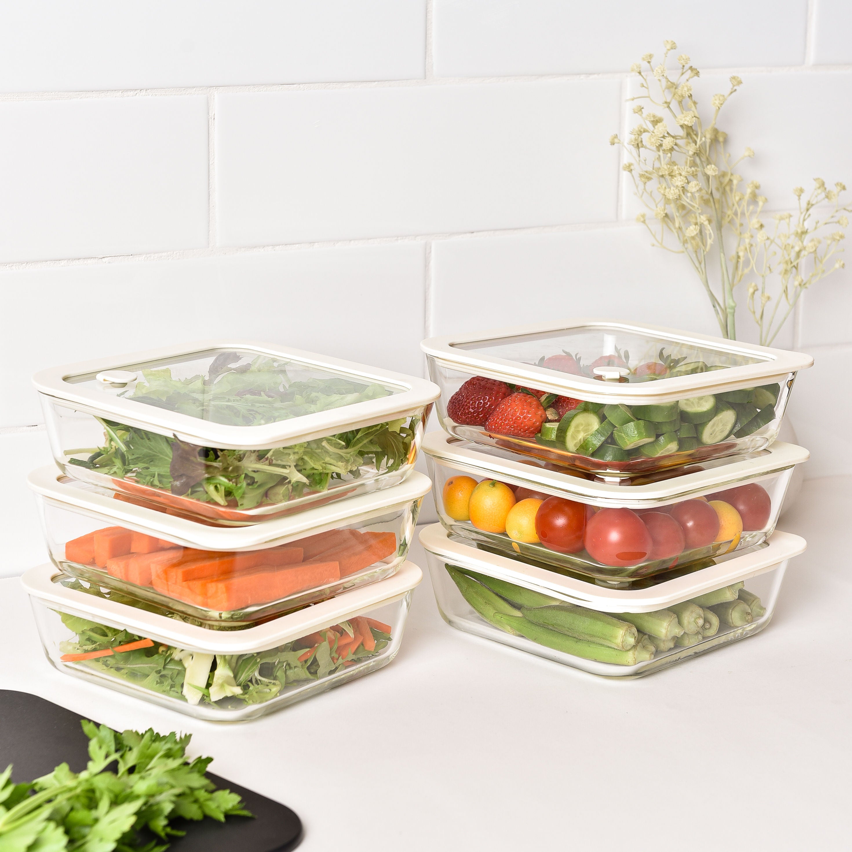 Glass Food Storage Containers - Cream - 1170ml 6 Set Square