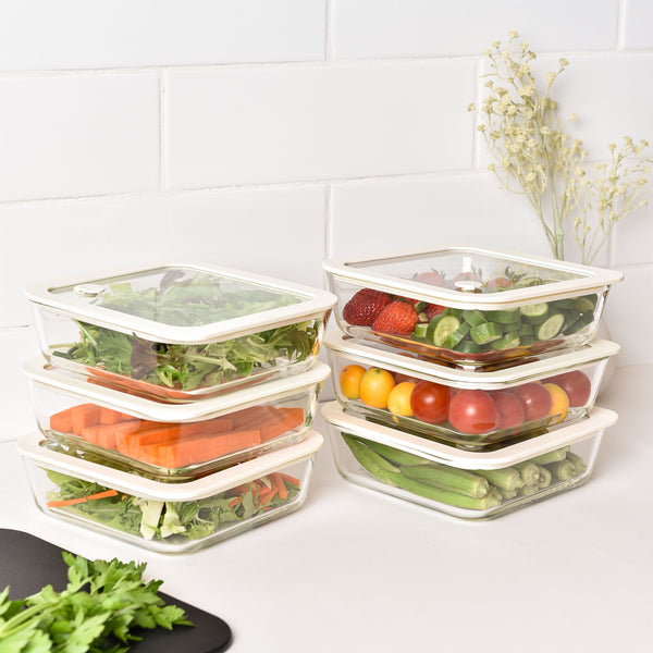 Glass Food Storage Containers - Cream - 1170ml 6 Set Square