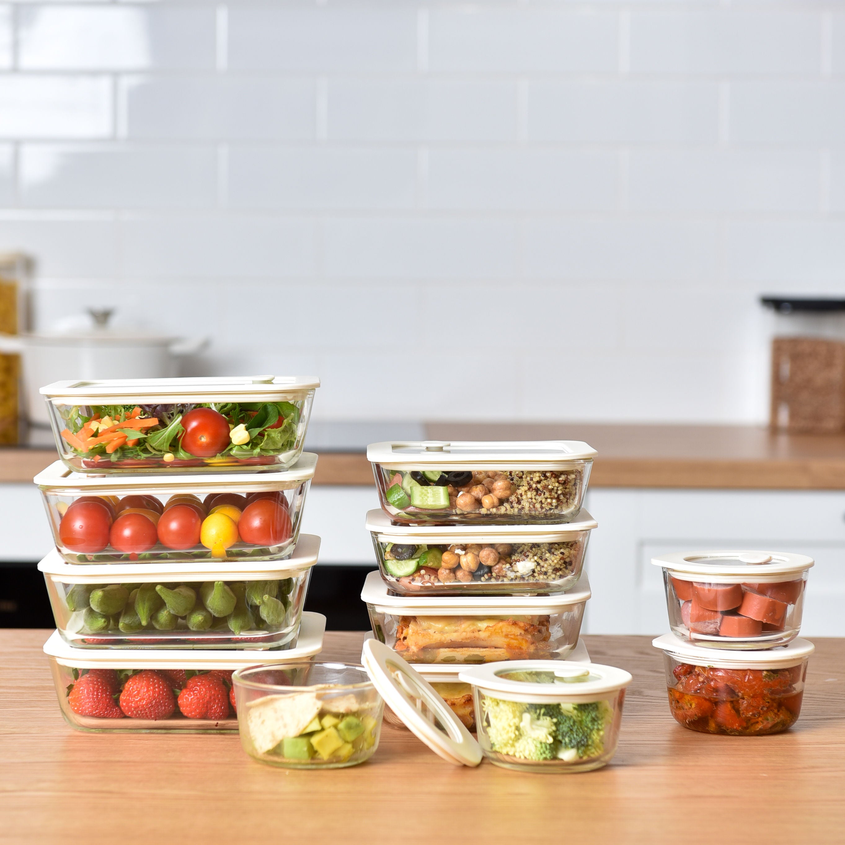 Meal Prep Glass Food Storage Containers - 12 Set Cream - Square / Round