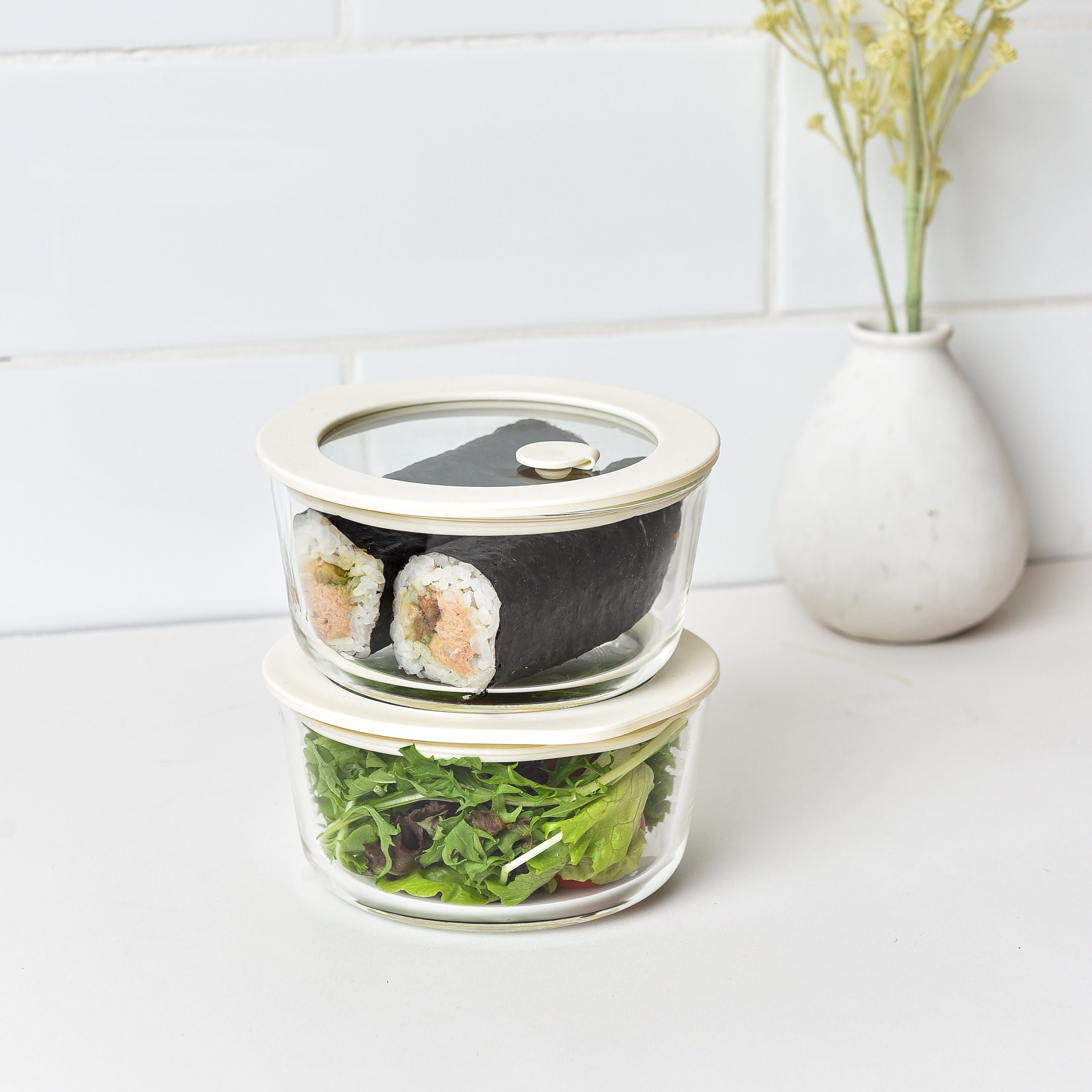 Glass Food Storage Containers 472ml - Cream - 2 Set Round