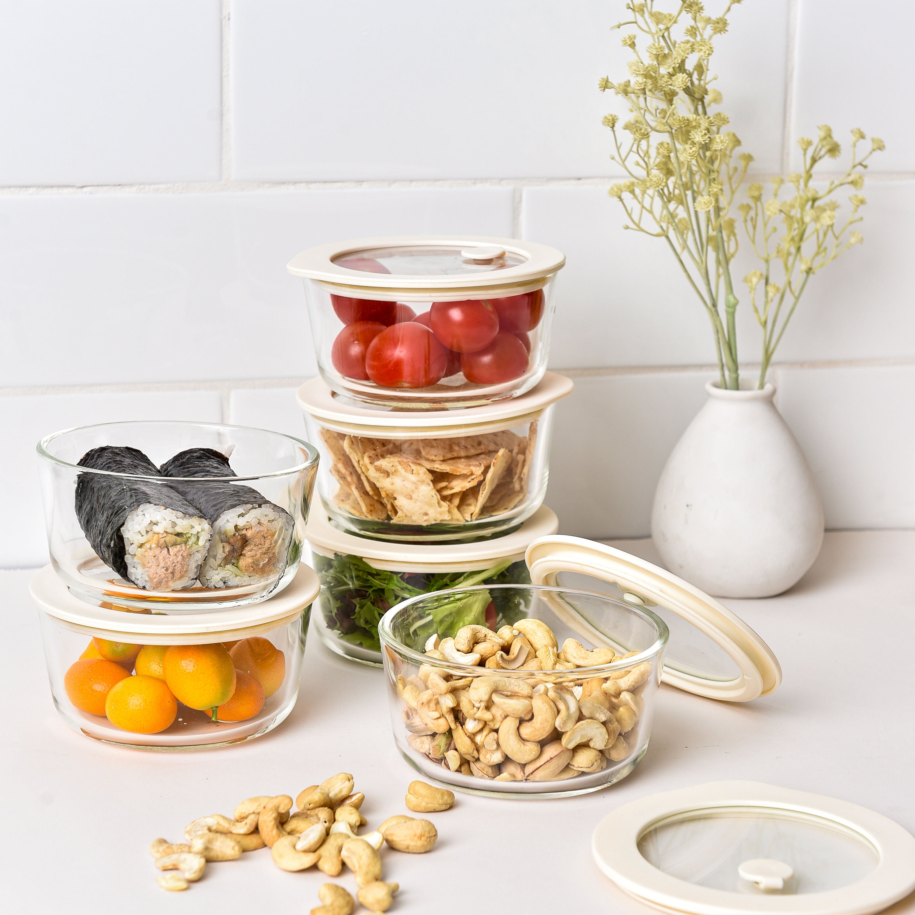 Glass Food Storage Containers - Cream - 472ml 6 Set Round