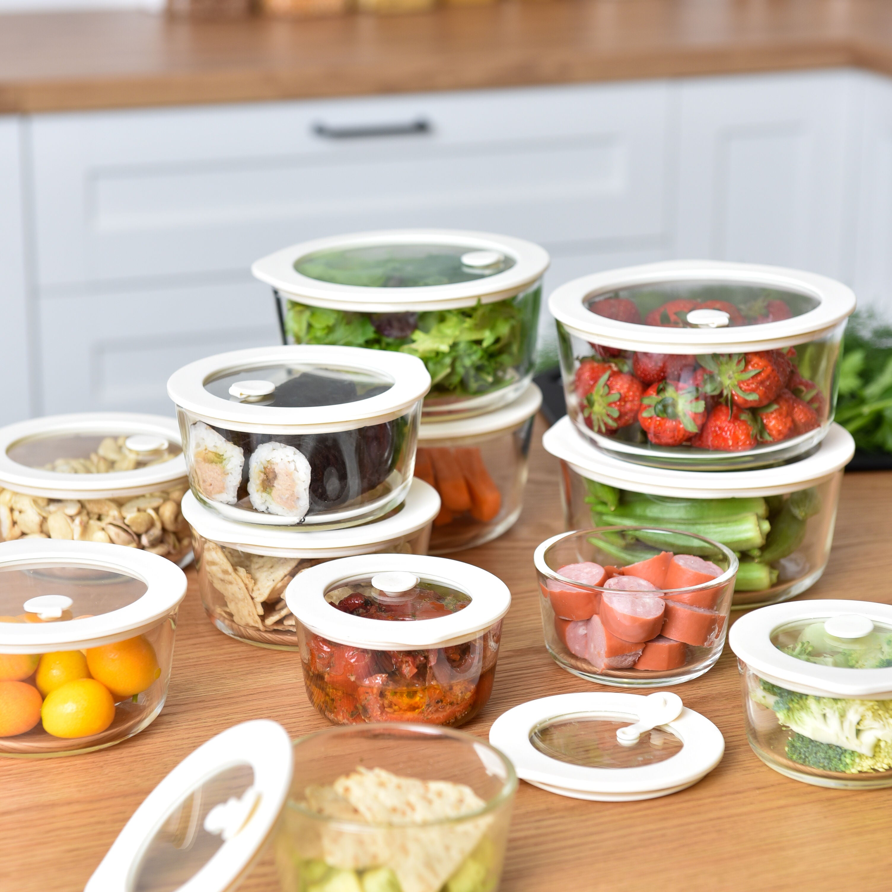 Glass Food Storage Containers 472ml - Cream - 2 Set Round