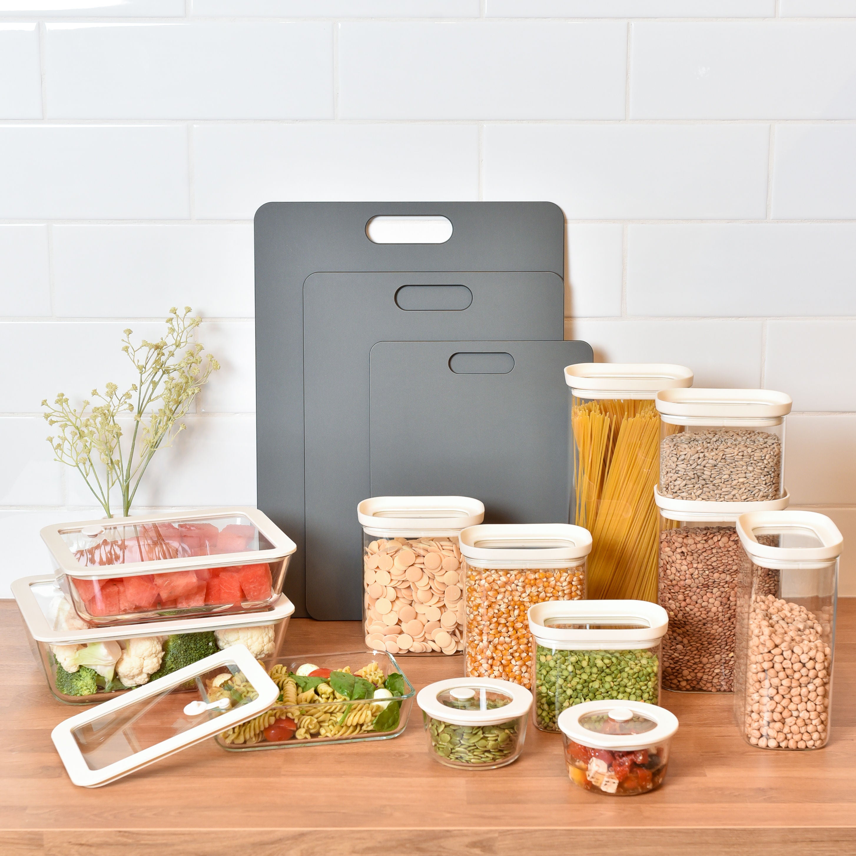 Meal Prep / Glass Pantry Jar / Chopping Board Bundle - Grey / Cream