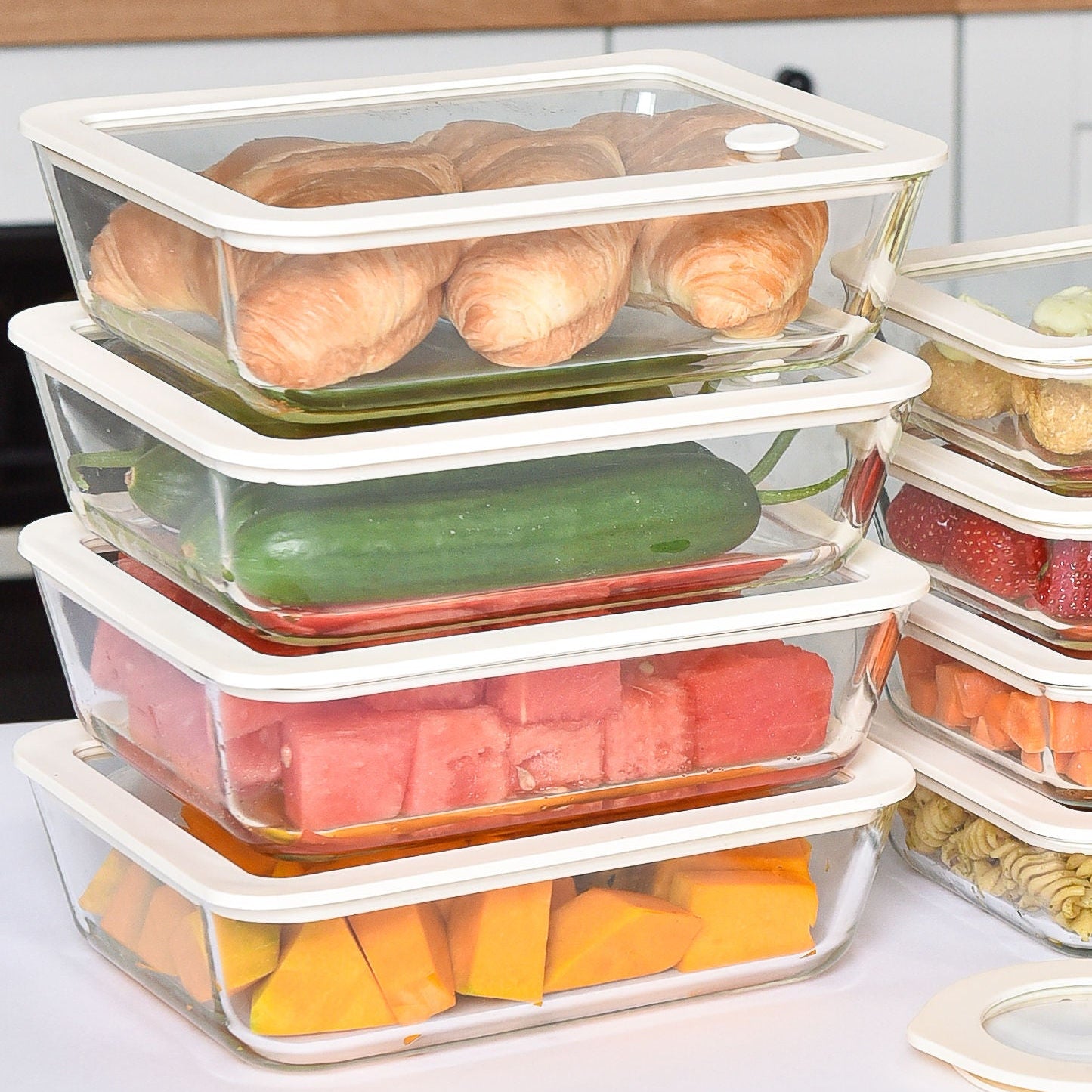 Glass Food Storage Container 1400ml - Rectangle - Cream
