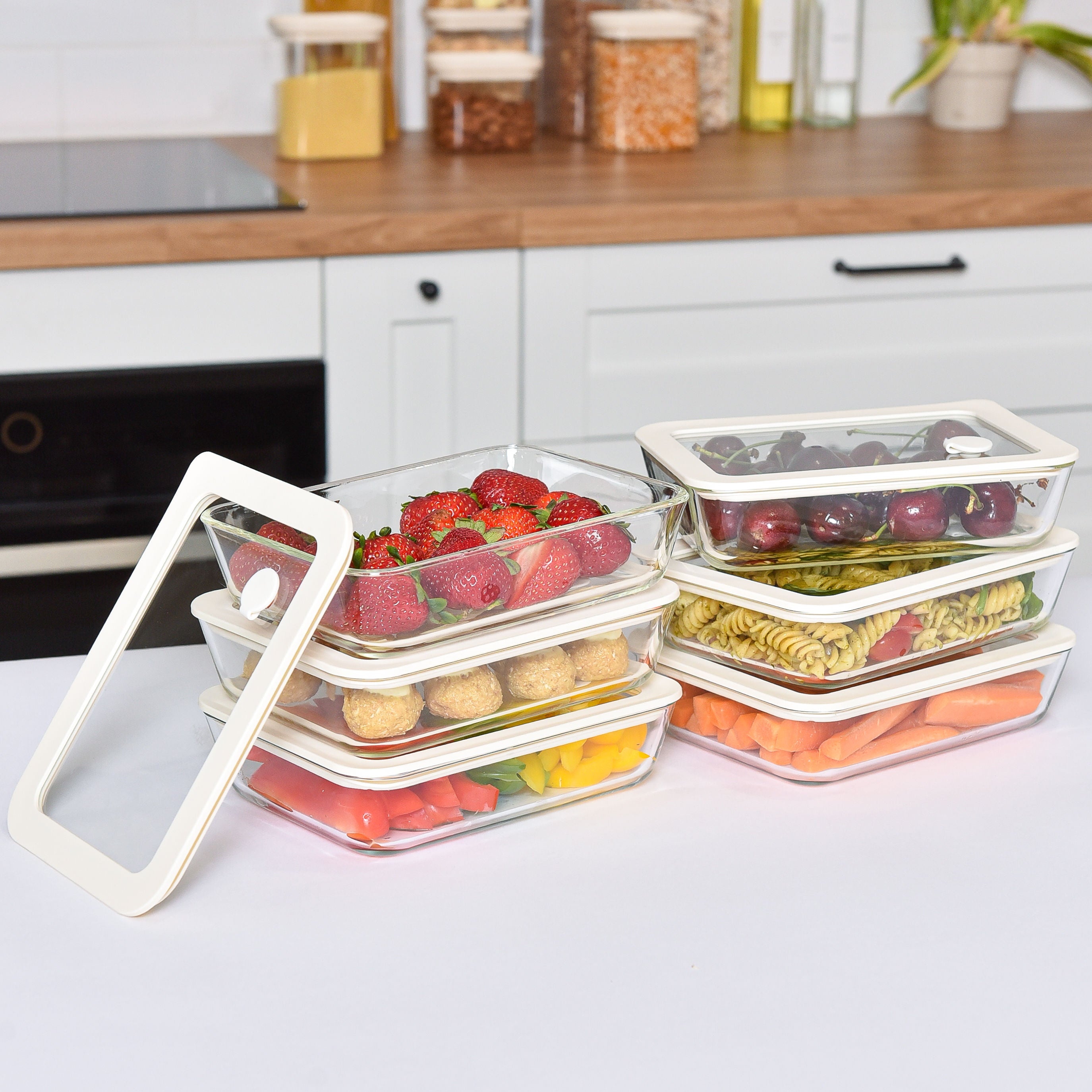 Meal Prep Glass Food Container - 10 Set Rectangle - Cream