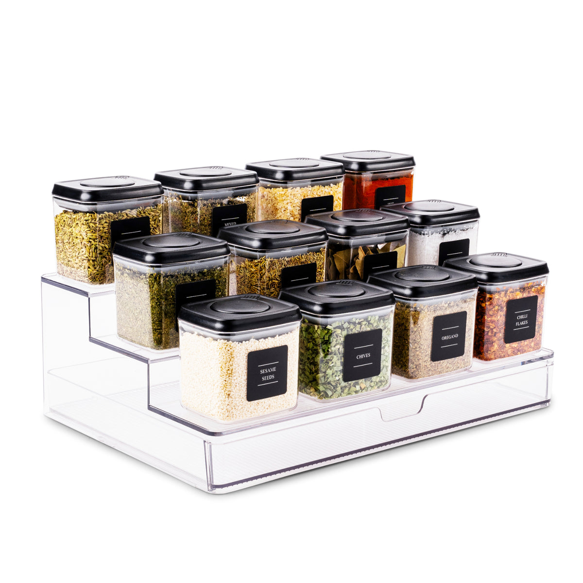 Push Top Spice Container Set Large | Airtight | Black Lid