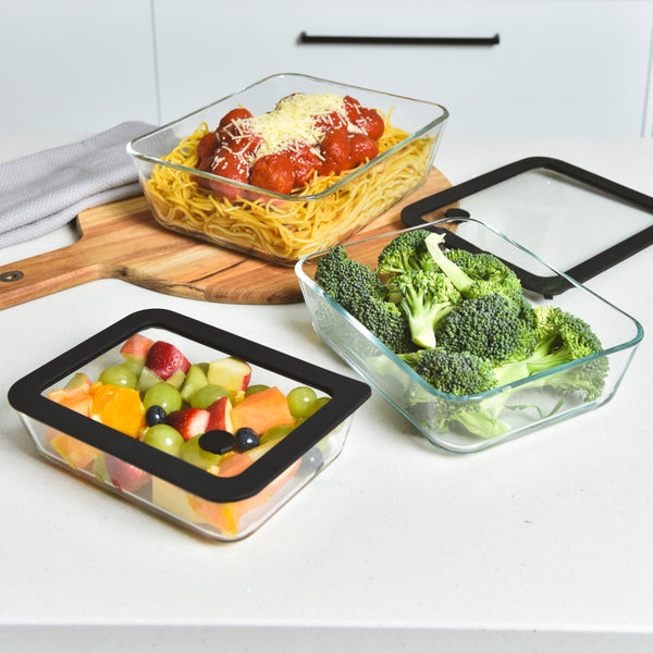 Glass Food Storage Containers - 3 Set Rectangle - Black