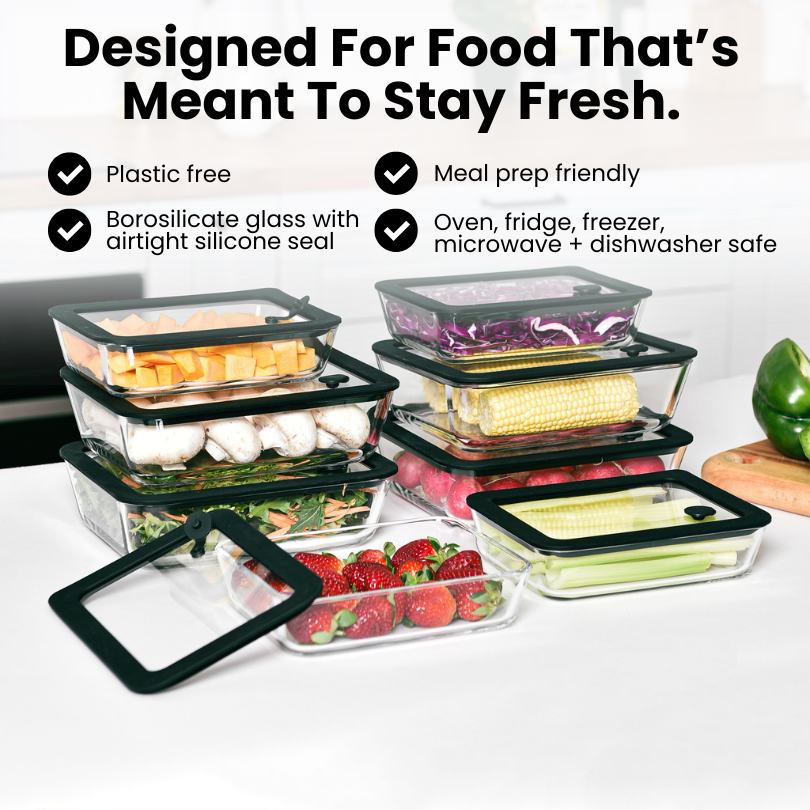 Meal Prep Glass Food Container - 8 Set Rectangle - Black