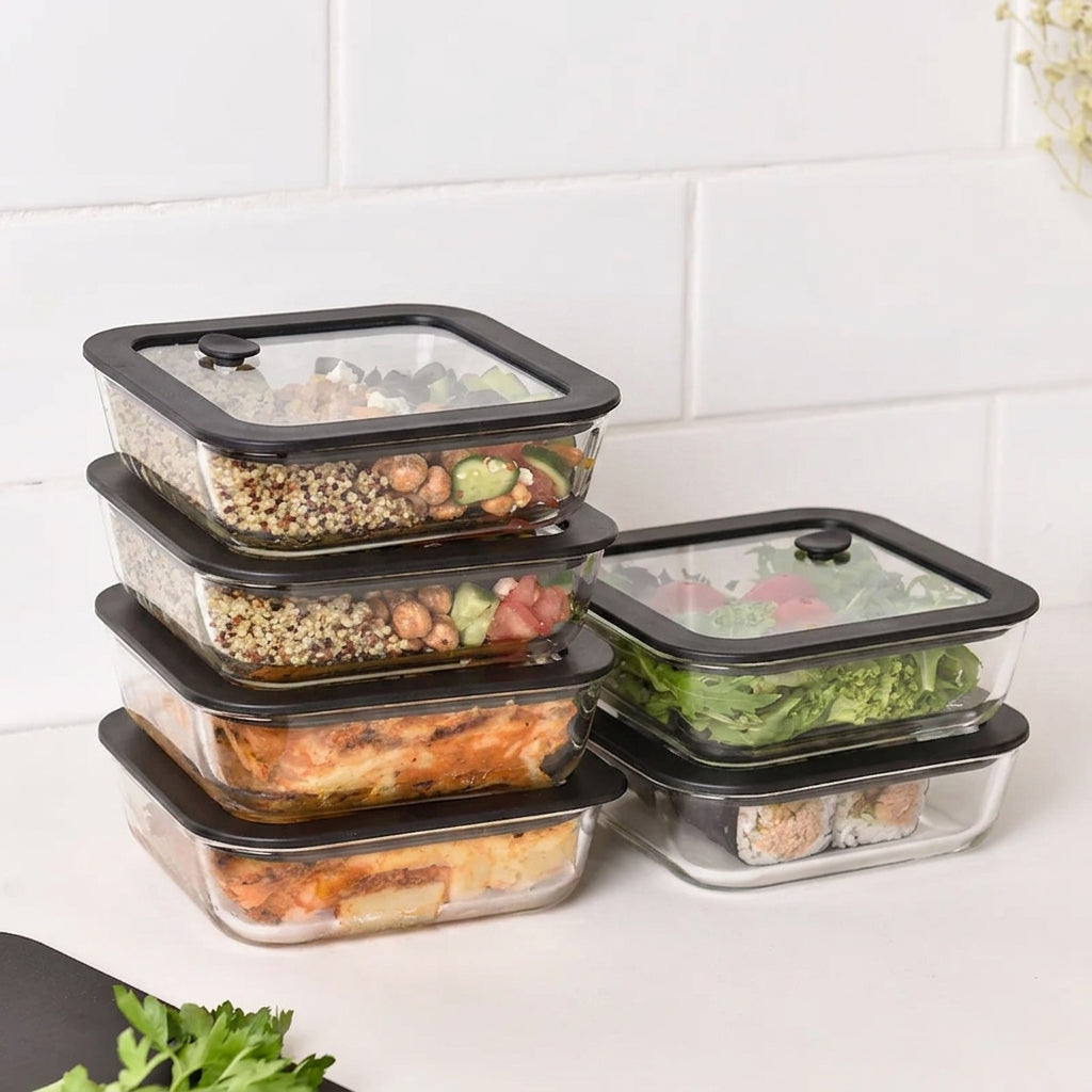 Glass Food Storage Containers - Black - 610ml 6 Set Square