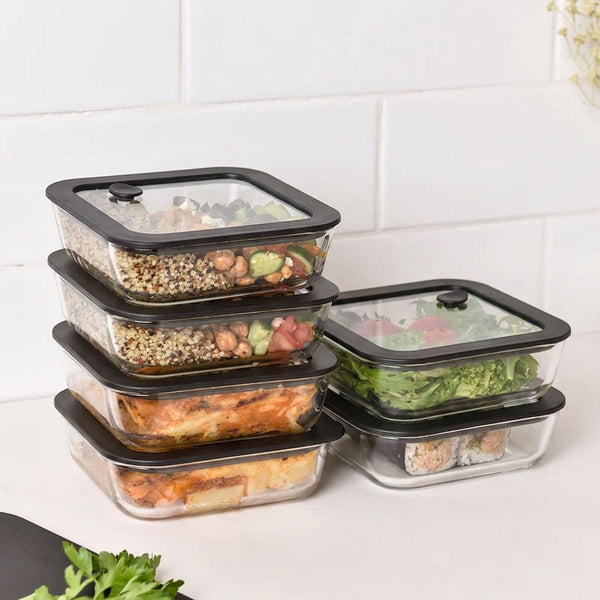 Glass Food Storage Containers - Black - 610ml 6 Set Square