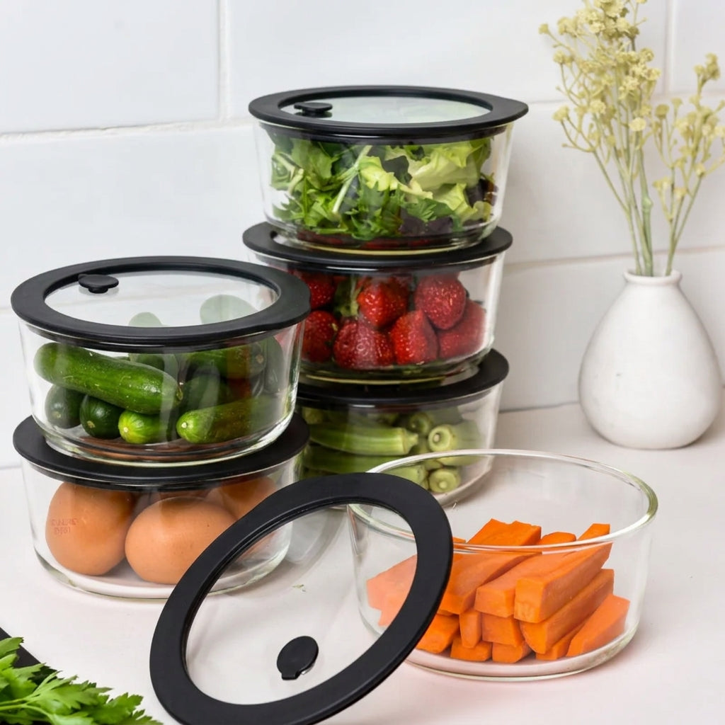 Glass Food Storage Containers - Black - 944ml 6 Set Round