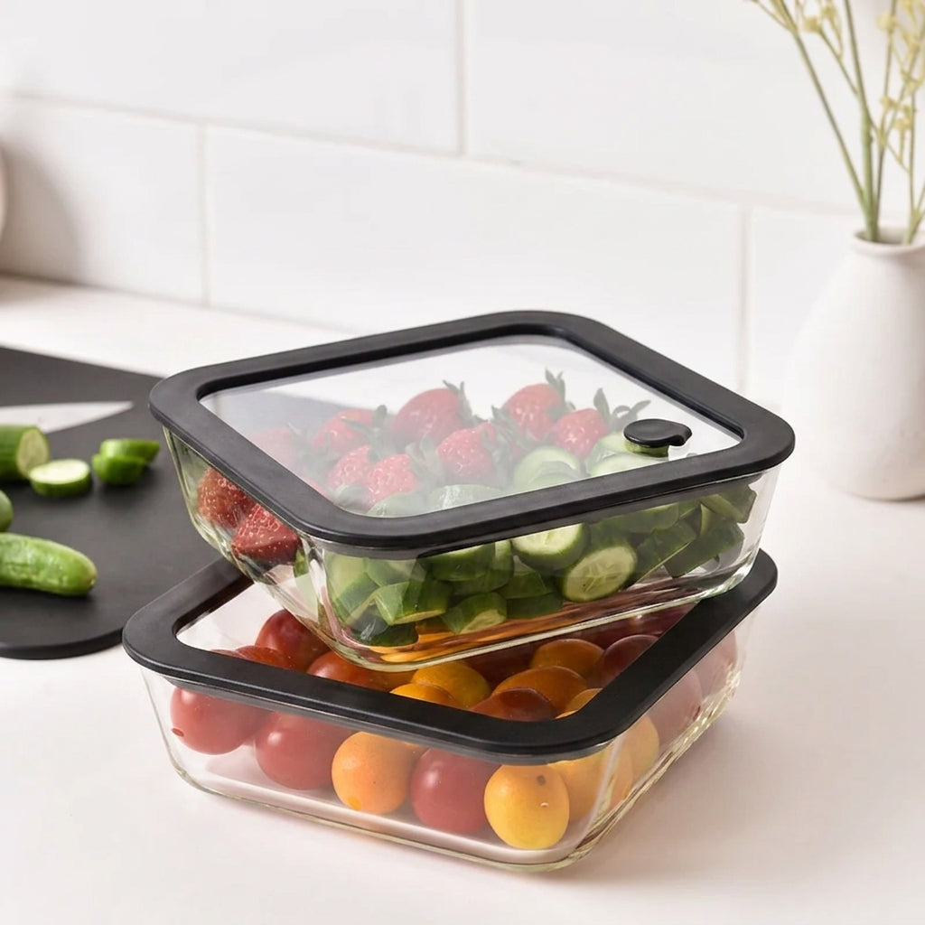 Glass Food Storage Containers 1170ml - Black - 2 Set Square