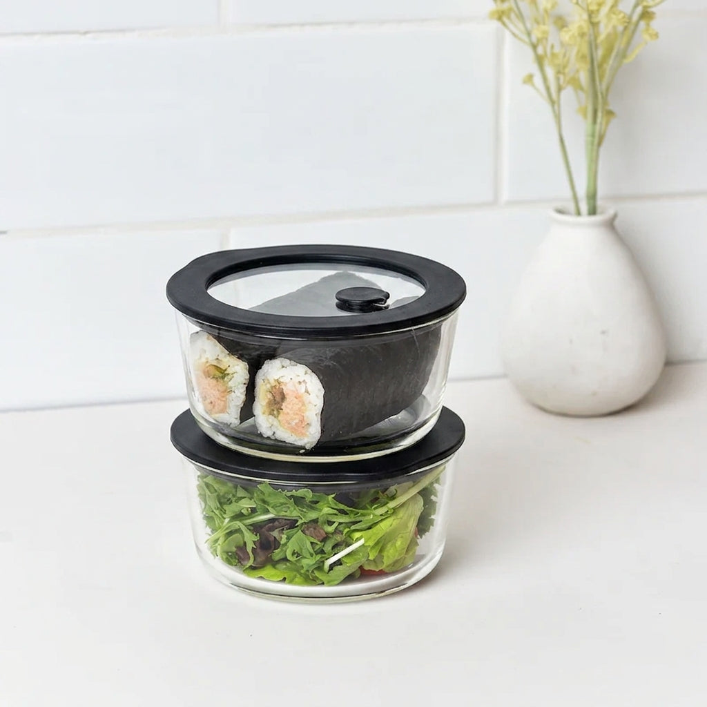 Glass Food Storage Containers 472ml - Black - 2 Set Round