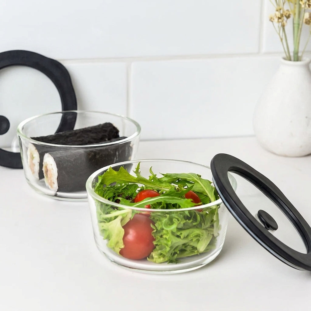 Glass Food Storage Containers 472ml - Black - 2 Set Round
