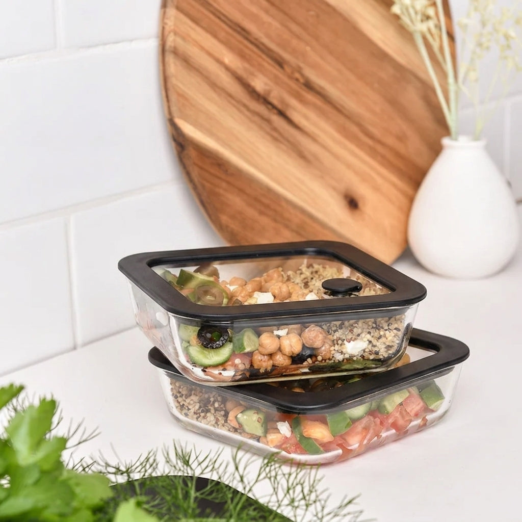 Glass Food Storage Containers 610ml - Black - 2 Set Square