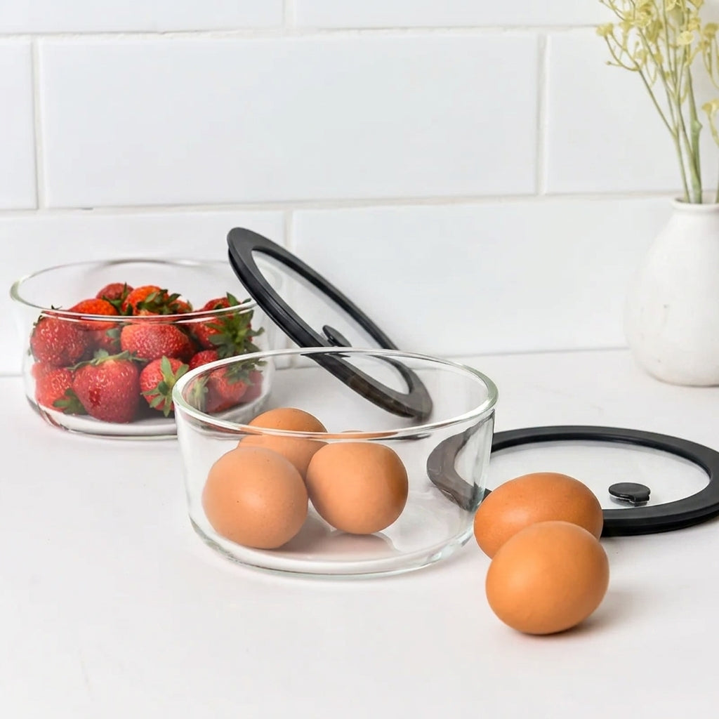 Glass Food Storage Containers 944ml - Black - 2 Set Round
