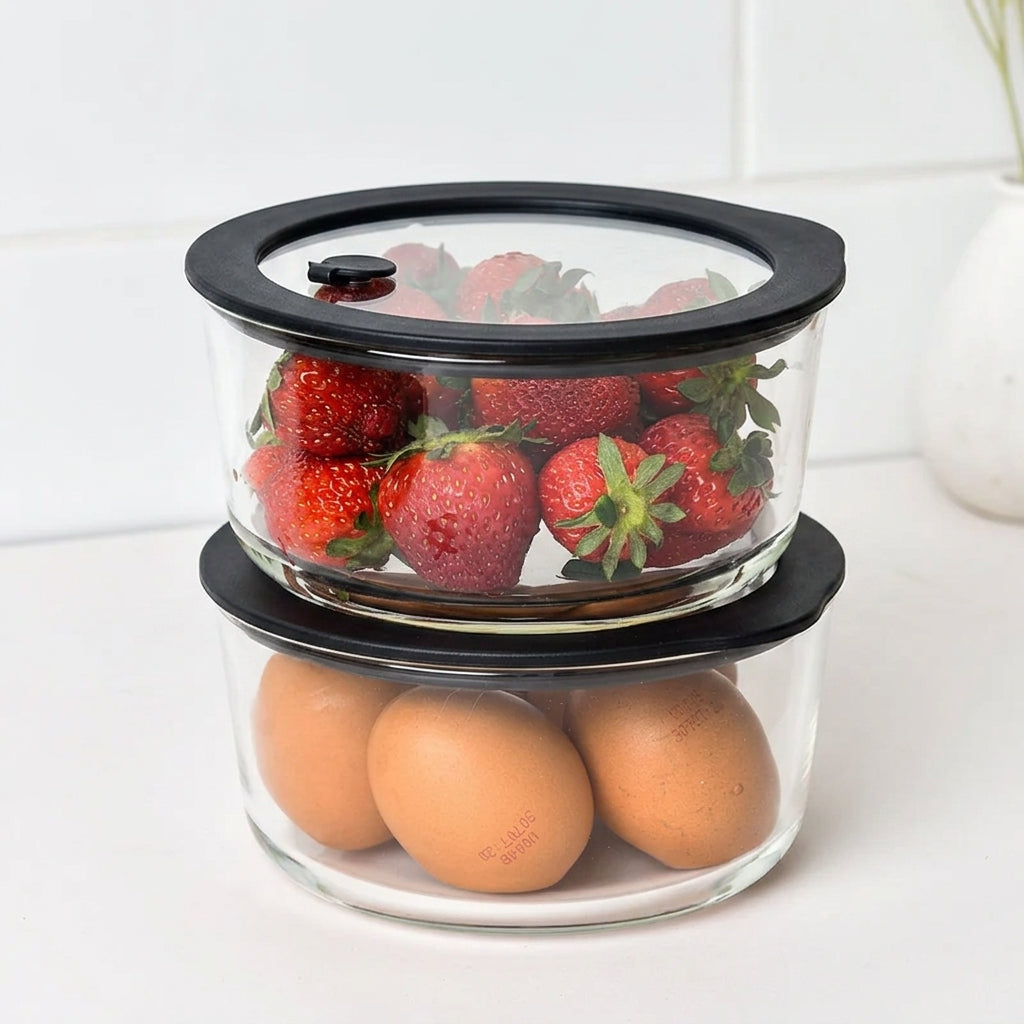 Glass Food Storage Containers 944ml - Black - 2 Set Round
