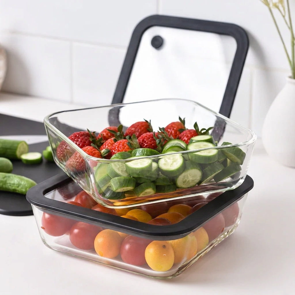 Meal Prep Glass Food Storage Containers - 12 Set Black - Square / Round