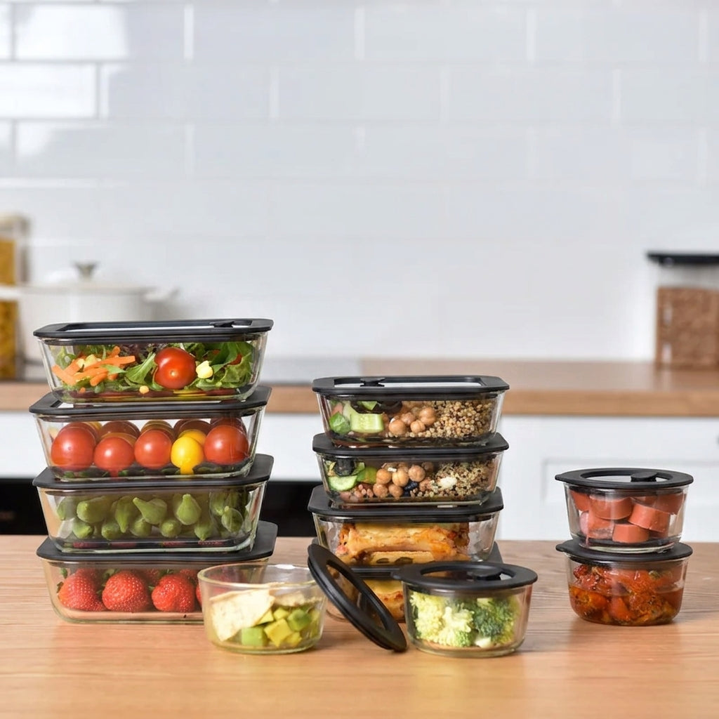 Meal Prep Glass Food Storage Containers - 12 Set Black - Square / Round
