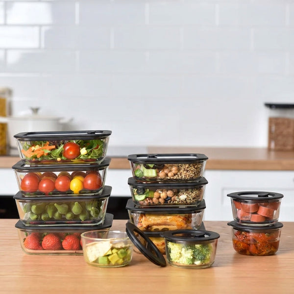 Meal Prep Glass Food Storage Containers - 12 Set Black - Square / Round